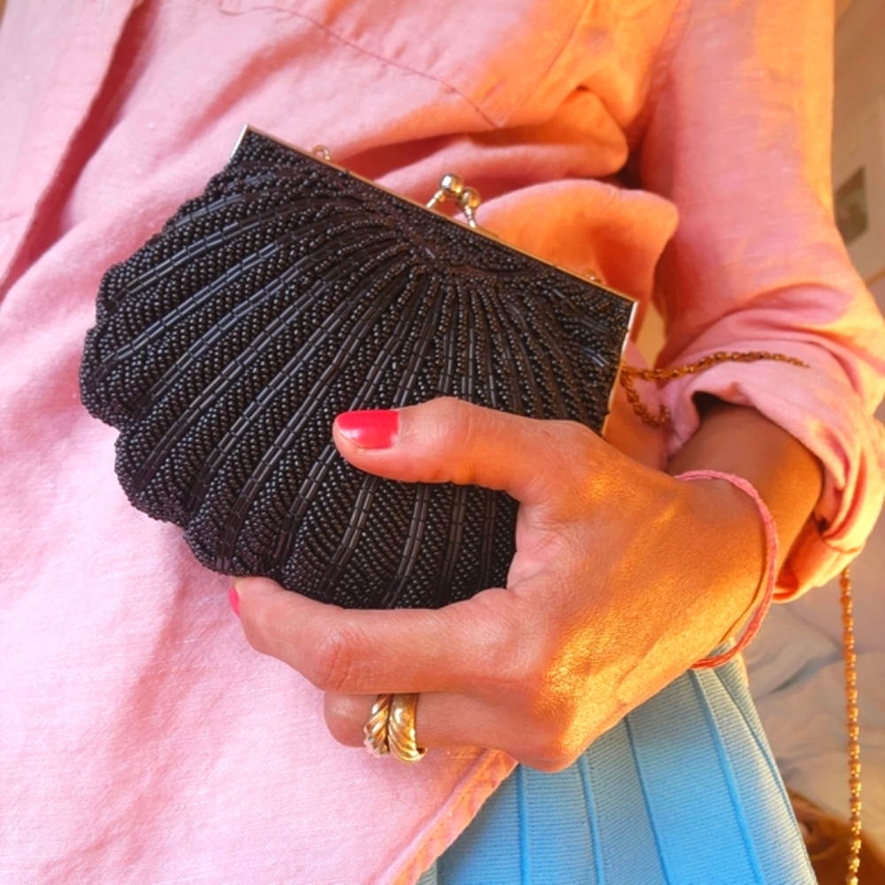 Vintage Walborg Black Beaded Clam Shell Clutch | Evening Bag | Clutch Convert